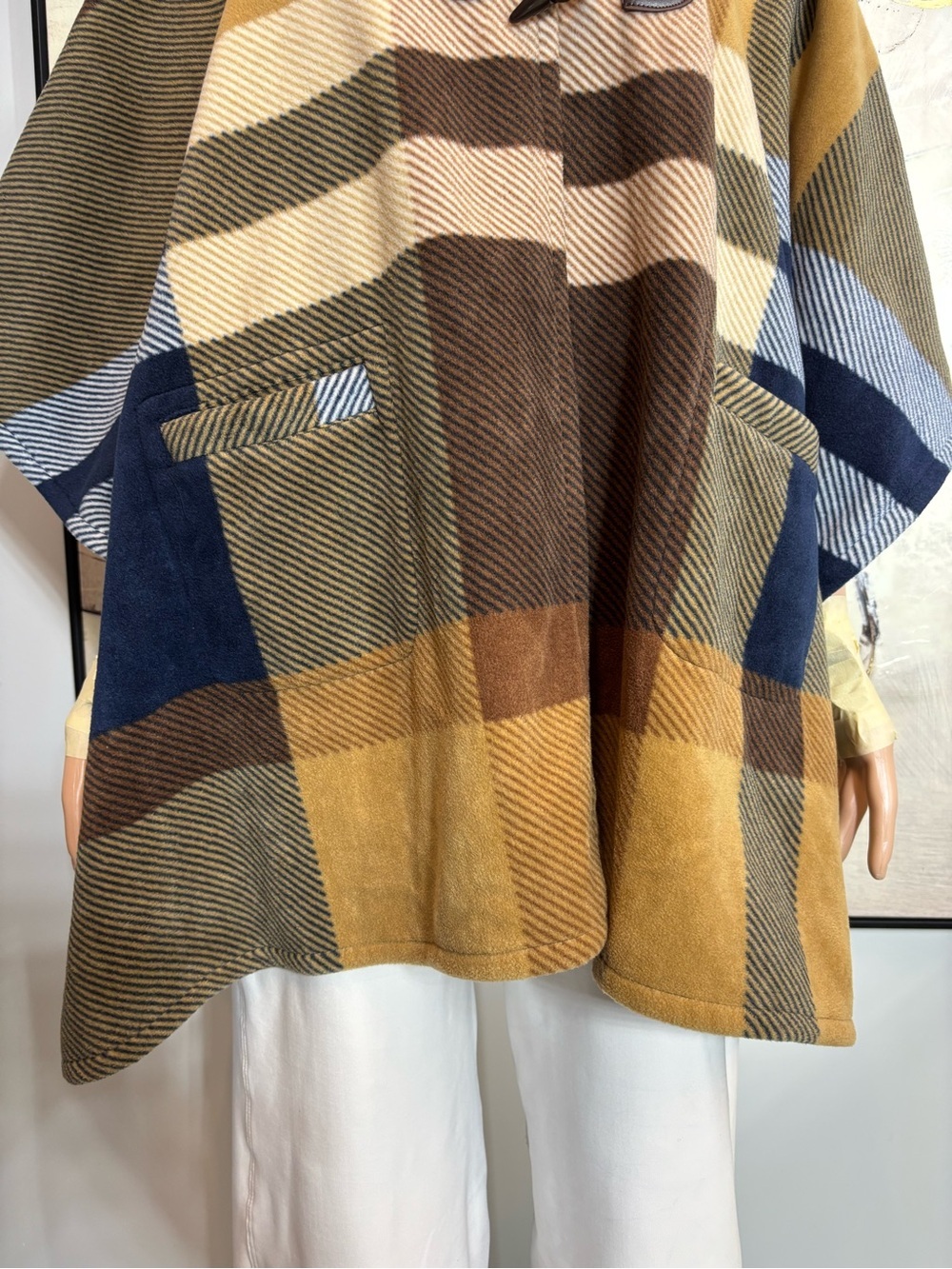 RACHEL Rachel Roy Hooded Plaid Poncho Sweater in Brown, Navy & Cream - Picture 3 of 15